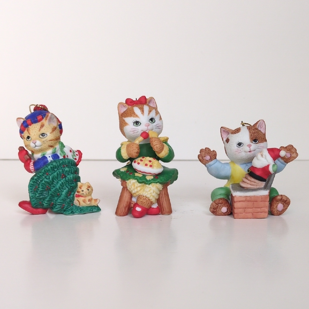 Vintage 90s Bronson Cat Christmas Ornaments -‎ Tree Cutting Eating Pie Santa Toy